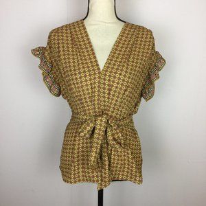 Max Studio Blouse Top Size S Womans Yellow Short Sleeve V-Neck Smocked Tie Waist